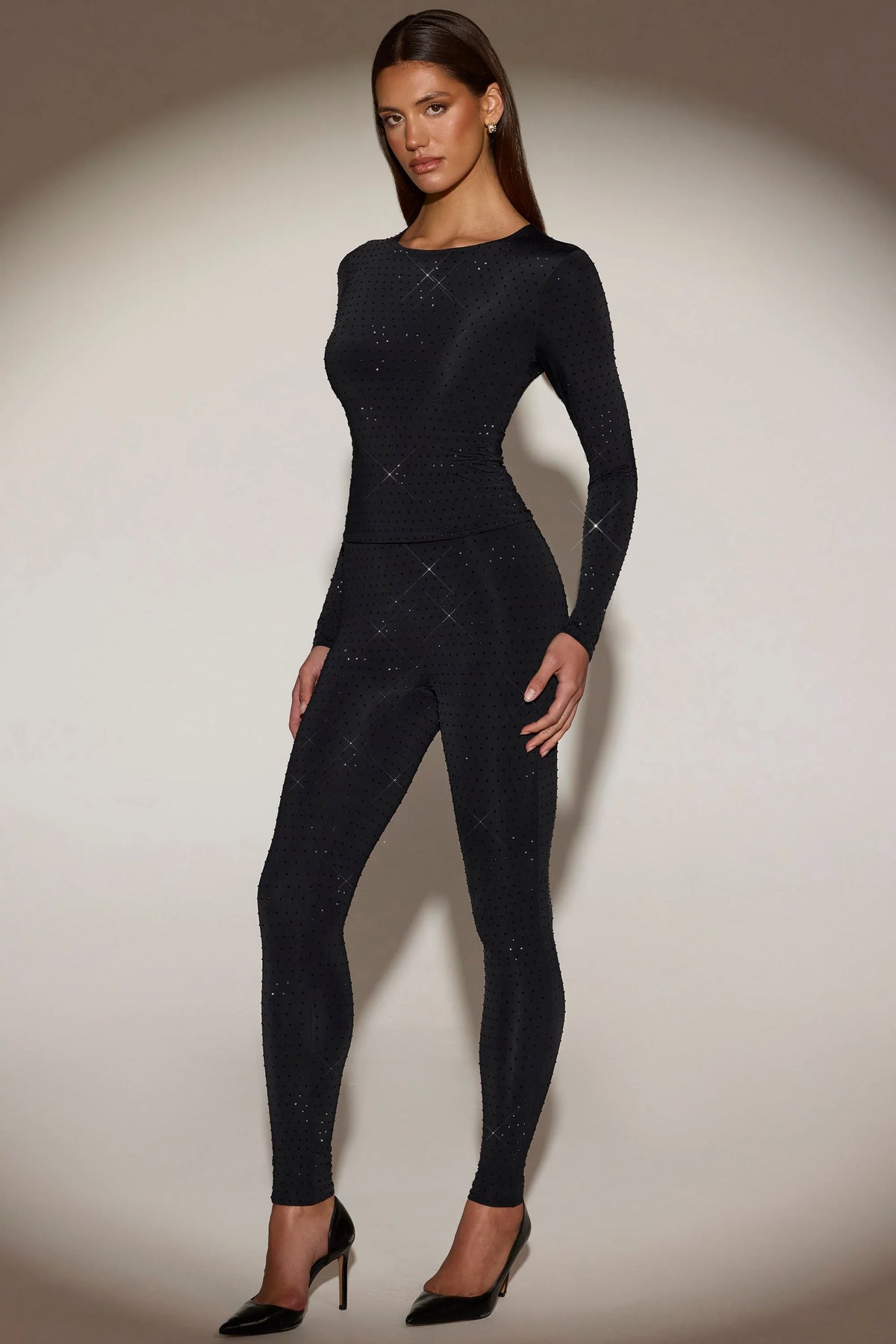 Embellished High-Waisted Leggings in Black